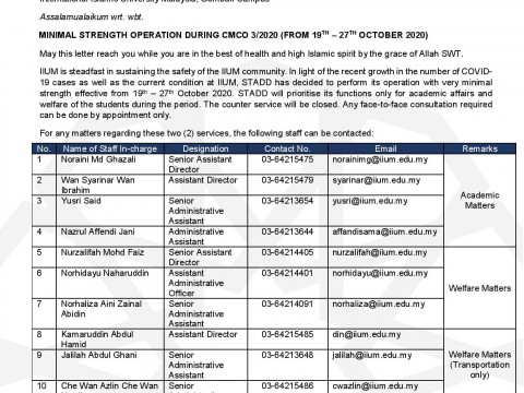 STADD : NOTICE OF MINIMAL STRENGTH OPERATION DURING CMCO 3/2020 (FROM 19TH - 27TH OCTOBER 2020)