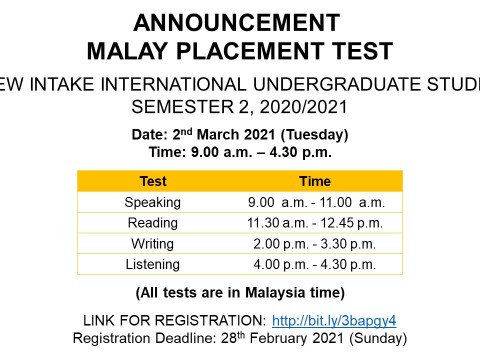 Malay Placement Test (MPT), New Intake International Students Sem 2, 2020/2021