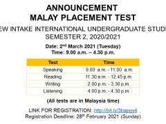 Malay Placement Test (MPT), New Intake International Students Sem 2, 2020/2021
